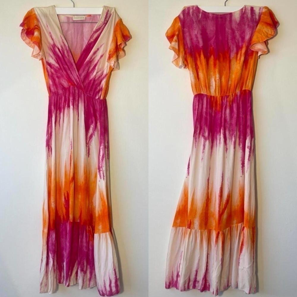 Vintage bazaar long caftan dress A Line tie dye print orange pink size S/M